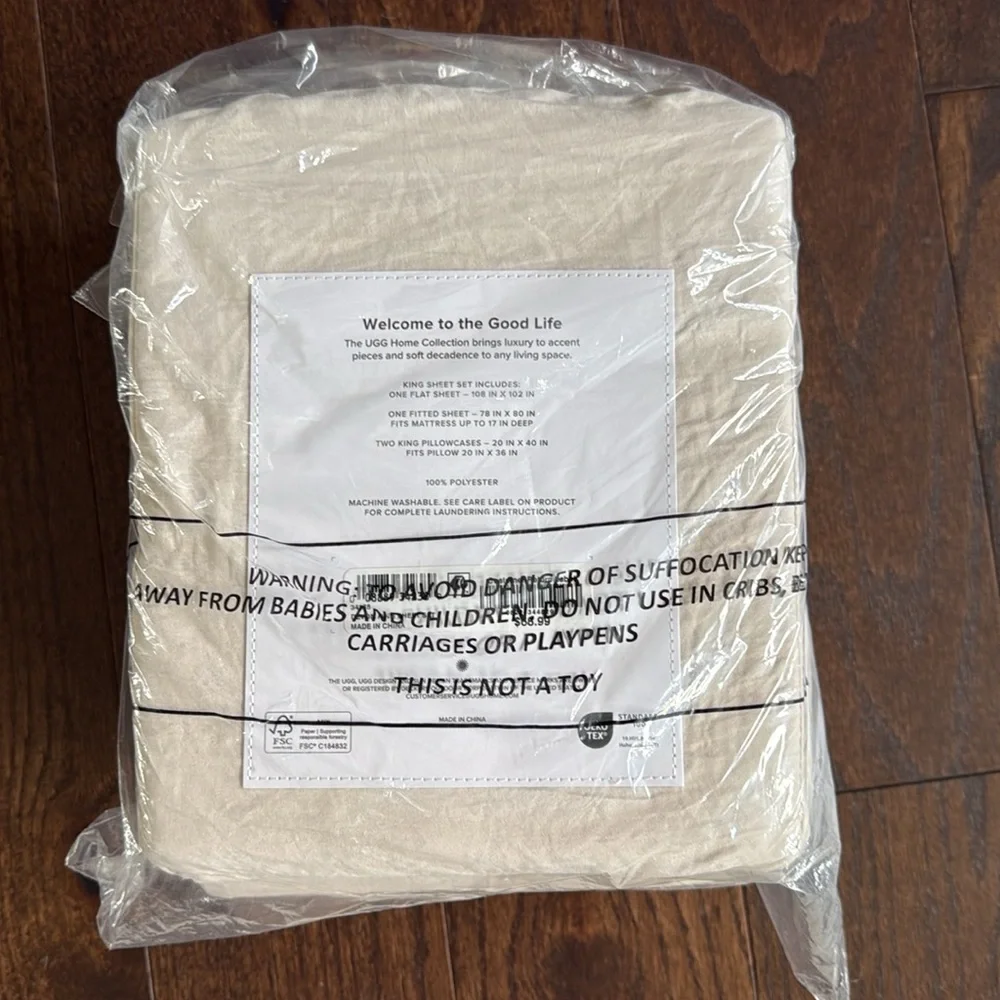 NIB UGG Devon King 4 Piece Sheet Set- Natural Parchment- Fits Mattress 17” Deep